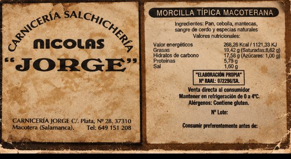 Etiqueta de la morcilla típica macoterana de Carnicería Salchichería Nicolas Jorge